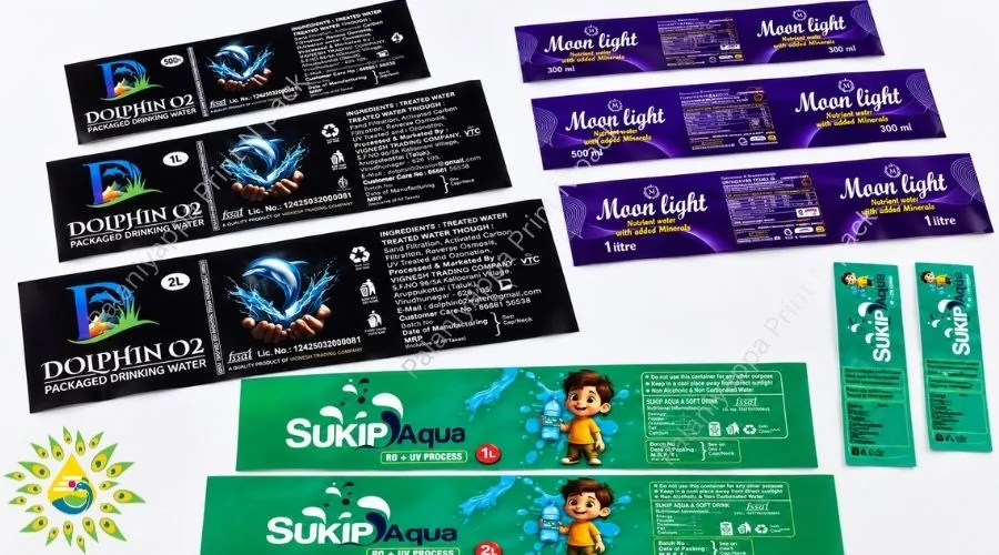 Several water bottle label designs displayed flat.
