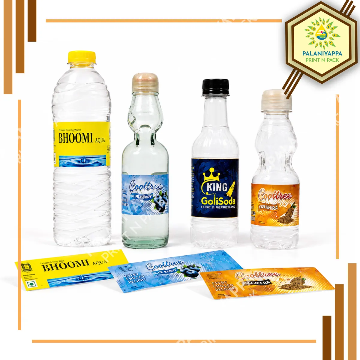 A branded collage of beverage bottles and printed labels.