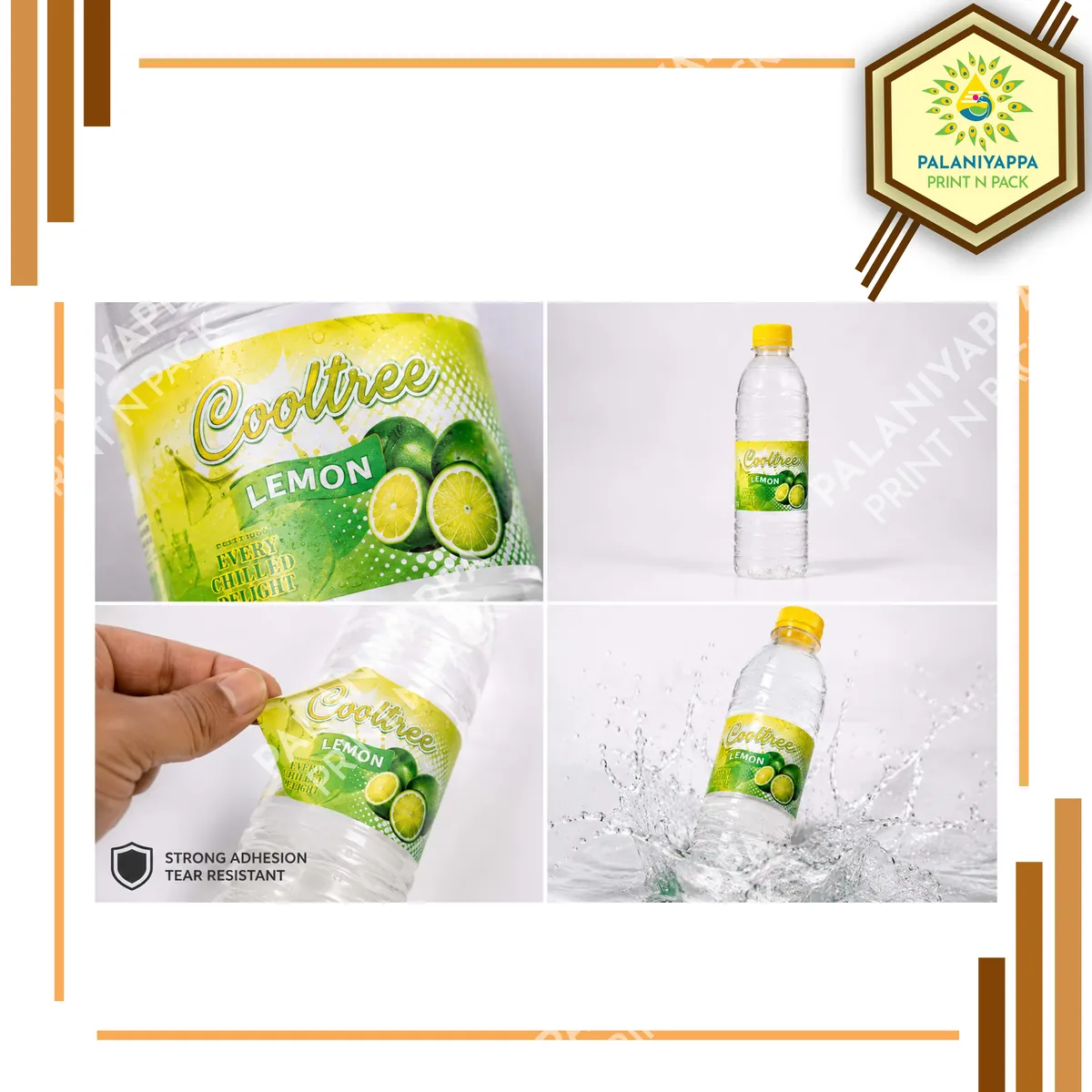 Lemon-themed printed label and bottle in a branded composition.