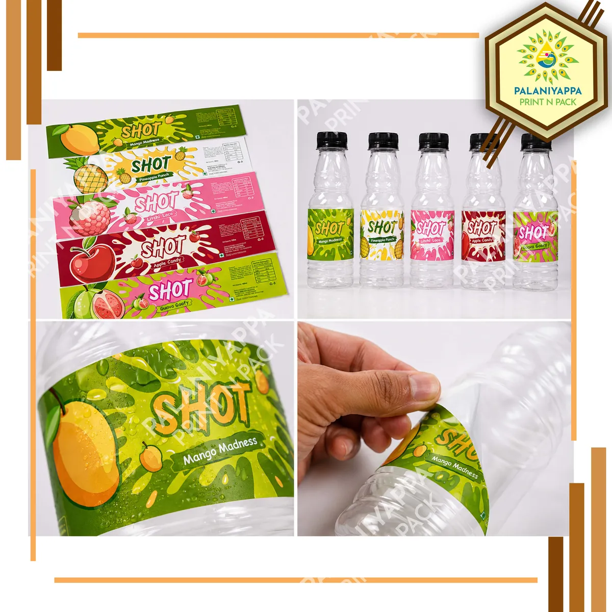 Fruit-themed beverage label designs in a branded composition.