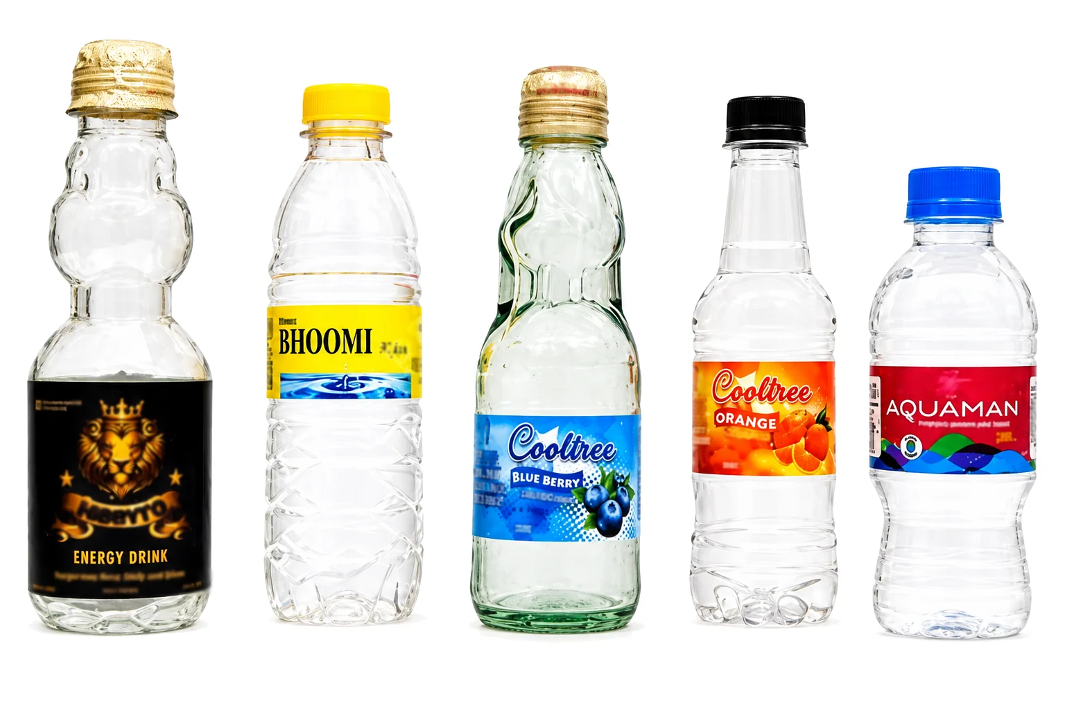 Five bottles with printed labels in a row: an energy drink, two water bottles, a goli soda bottle and an orange drink