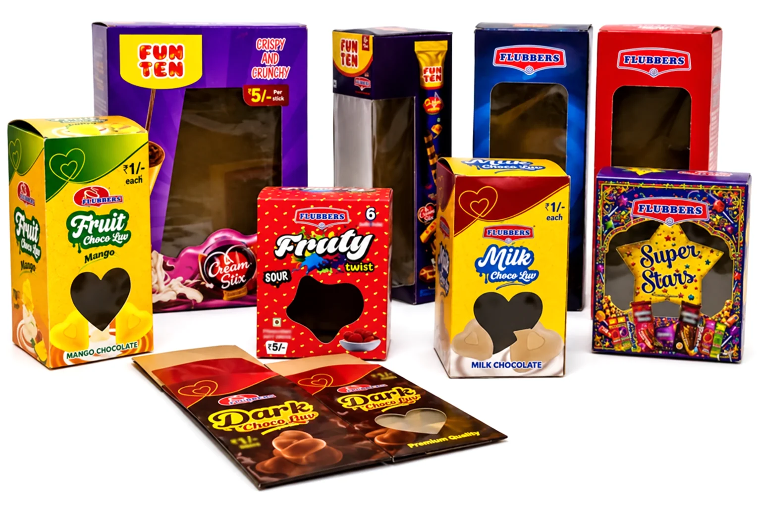 Printed window cartons in several sizes with heart and star shaped windows, and a flat carton in front