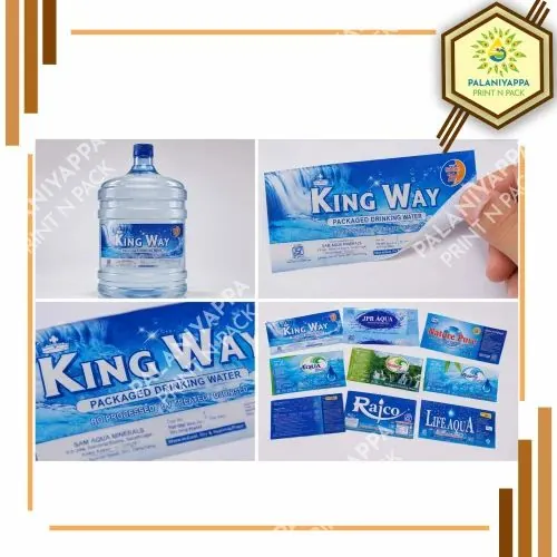 Four photographs of printed 20 litre water can labels