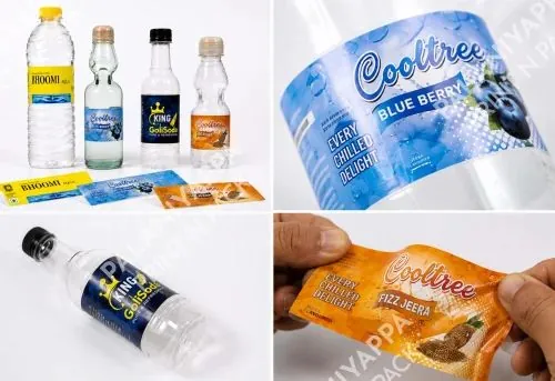 Four photographs of printed beverage bottle labels and label strips