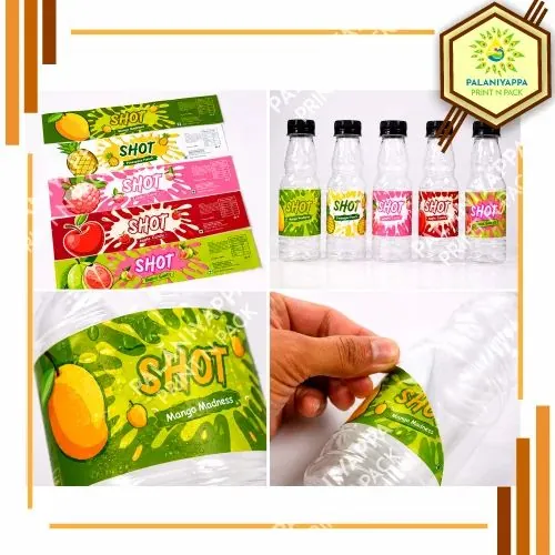 Four photographs of printed juice labels: label strips, a row of labelled bottles, a close view and a label being applied