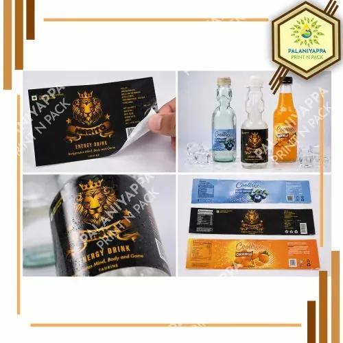 Four photographs of printed bottle labels: an energy drink label, labelled bottles, a label on a bottle and flat label strips
