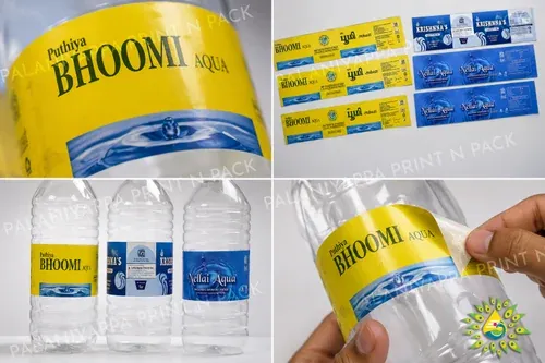 Four photographs of printed water bottle labels on bottles and in strips