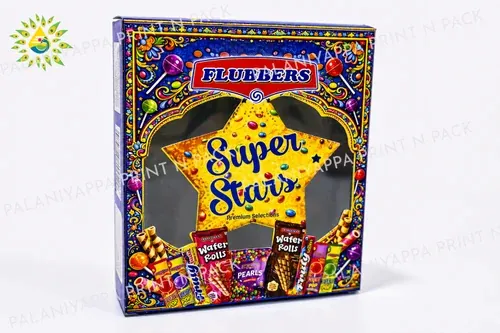 A printed gift carton with a star-shaped window, at an angle