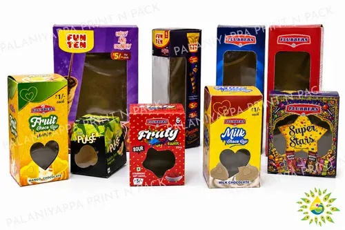 A group of printed window cartons with heart-shaped windows