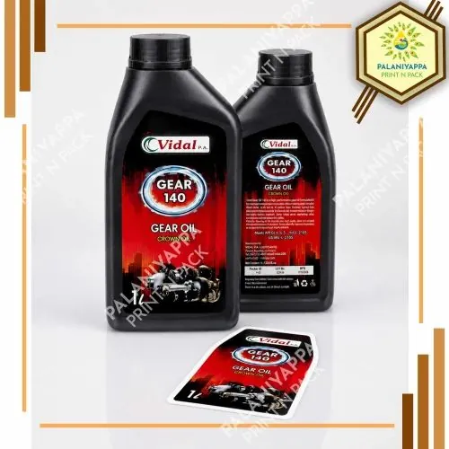 Two lubricant oil bottles with printed labels and a die-cut label