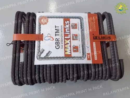 A single printed tag on a bundle of steel stirrups