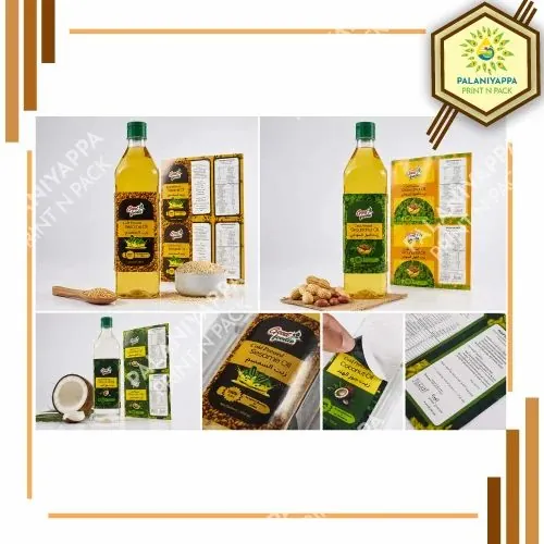 Photographs of printed oil bottle labels on bottles and in sheets