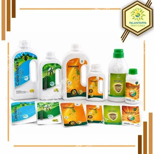 Agrochemical bottles and cans with printed labels, with matching flat labels in front
