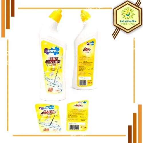 Two floor cleaner bottles with printed labels, and two flat labels