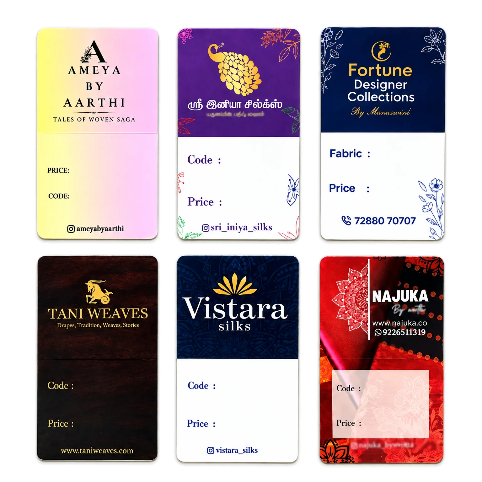 Six printed saree price tags with code and price fields, in two rows
